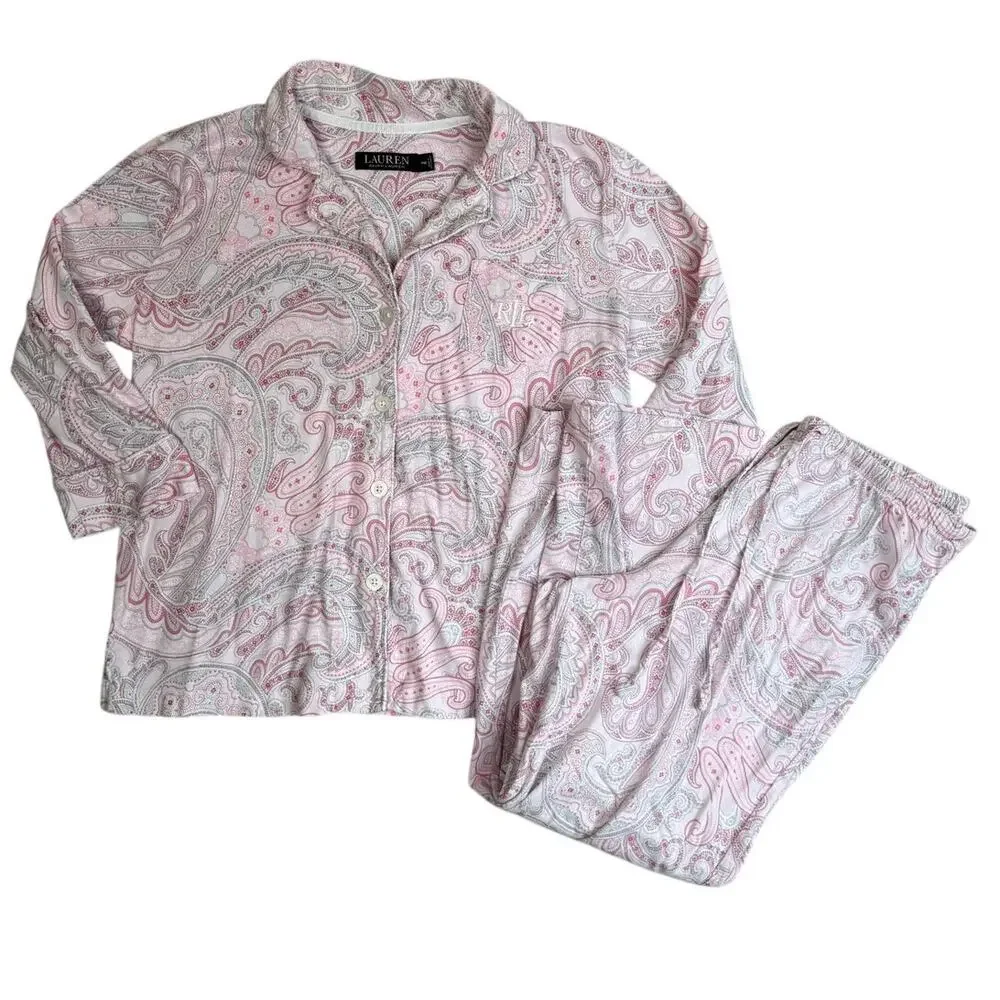 Ralph Lauren Pajama Set Womens Medium Petite PM Pink Paisley Top Pants Lounge